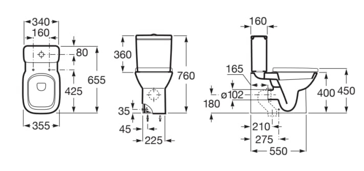 Medidas de la cisterna de doble descarga 4,5/3L con alimentación inferior DEBBA - ROCA