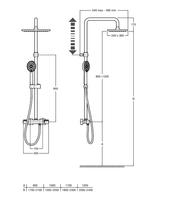 Medidas del conjunto de ducha termostática SQUARE EVEN - ROCA