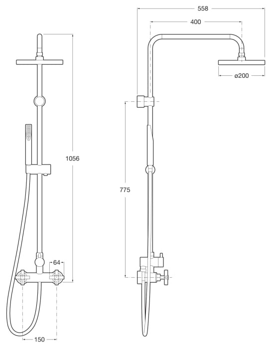 Medidas del conjunto de columna de ducha bimando con altura fija LOFT - ROCA