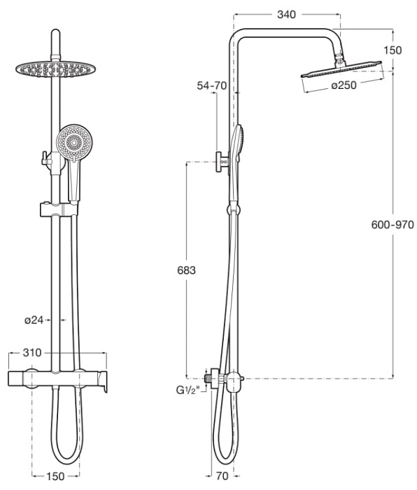Medidas de la columna de ducha monomando con altura regulable Plus Round VEGA PLUS - ROCA