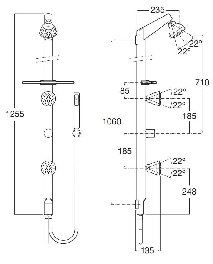 Medidas del Shower Kit con repisa TUBE - ROCA