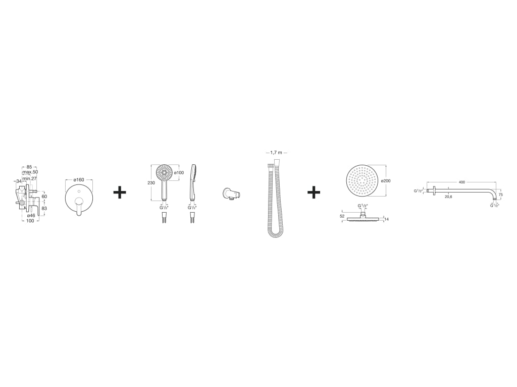 Medidas del pack Basic empotrado para baño-ducha L-20 - ROCA