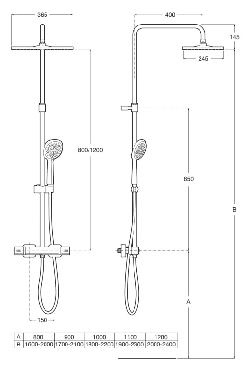 Medidas de la columna de ducha termostática con altura regulable LEVEL-T - ROCA