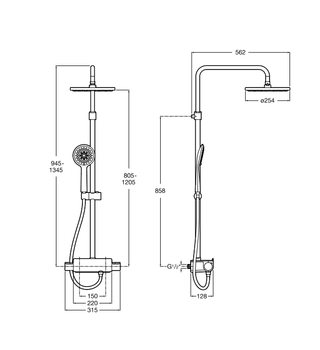 Medidas del conjunto de ducha termostático con repisa ROUND DECK - ROCA