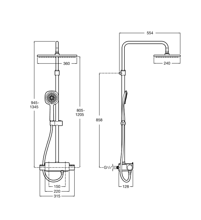 Medidas de la columna termostática para ducha con repisa SQUARE DECK - ROCA