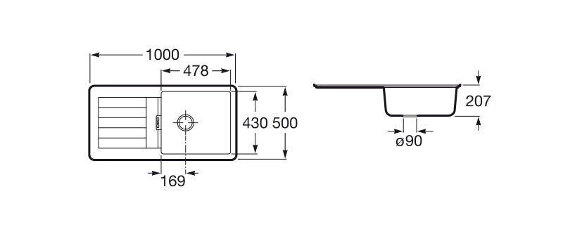 Medidas del fregadero reversible de 1 cubeta de QUARZEX OSLO - ROCA
