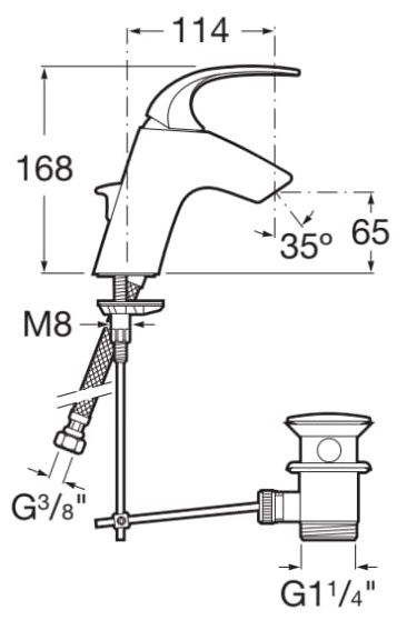 Medidas del grifo para lavabo con desagüe automático M2-N - ROCA