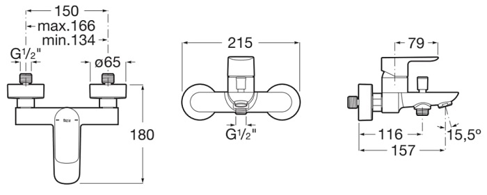 Medidas del grifo monomando de baño-ducha exterior con inversor automático CALA - ROCA