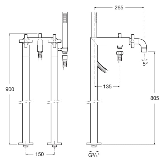 Medidas del grifo bimando de baño-ducha con inversor automático con retención LOFT - ROCA