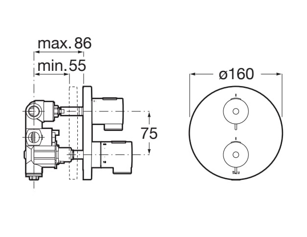 Medidas del grifo termostático empotrable para baño-ducha (2 vías) T-500 - ROCA