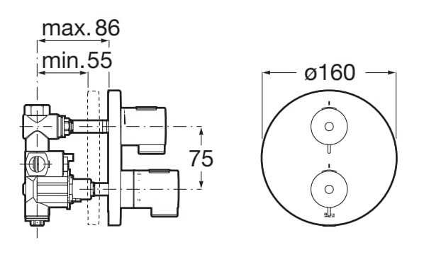 Medidas del grifo termostatico empotrable para ducha (1 vía) T-500 - ROCA