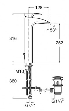 Medidas del grifo para lavabo con caño alto y desagüe automático THESIS - ROCA