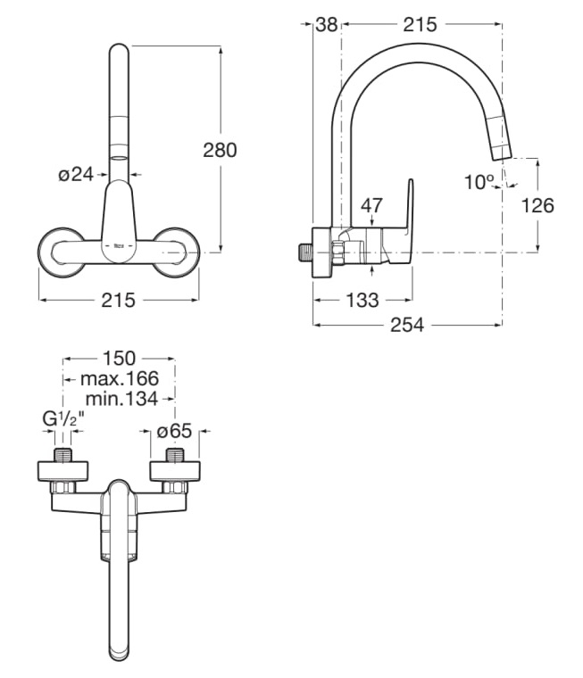 Medidas del grifo monomando exterior para cocina con caño giratorio VICTORIA PLUS - ROCA