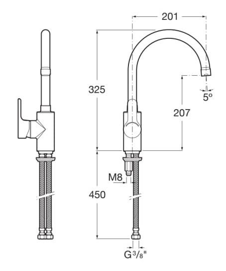 Medidas del grifo para cocina con caño giratorio Cold Start L20 - ROCA