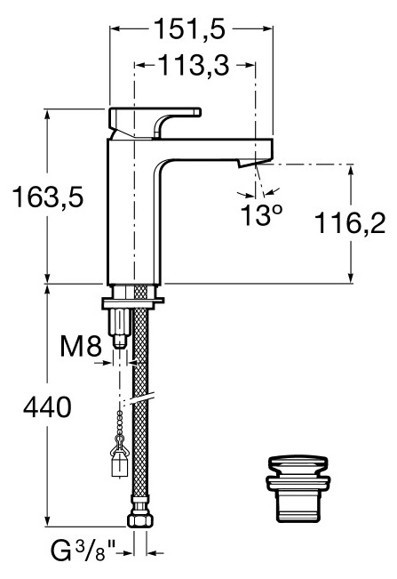 Medidas del grifo para lavabo con desagüe click-clack L-90 - ROCA