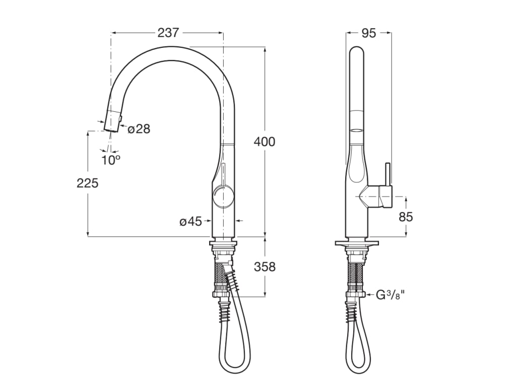 Medidas del grifo monomando para cocina con caño giratorio y ducha extraíble de dos funciones GLERA - ROCA