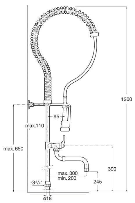 Medidas del grifo con caño espiral industrial de 2 salidas Pro INSTANT - ROCA