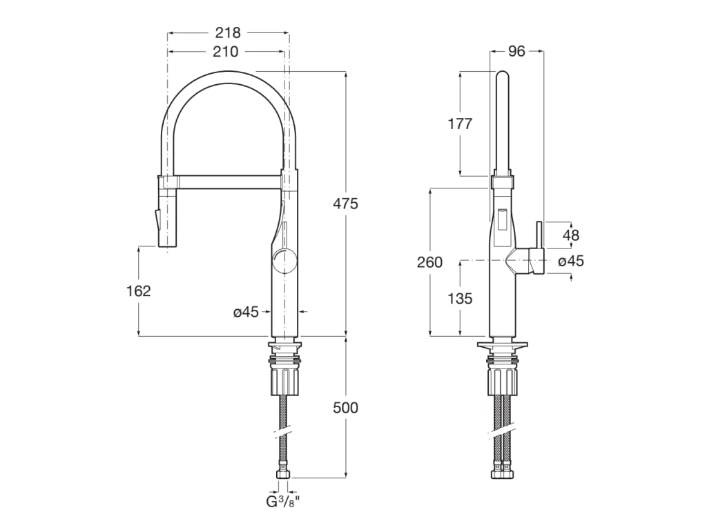 Medidas del grifo monomando para cocina con caño giratorio con muelle PRO GLERA - ROCA