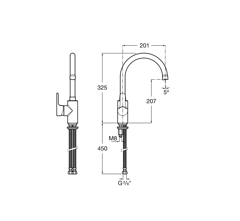 Medidas del grifo para cocina con caño giratorio Cold Start L20 - ROCA