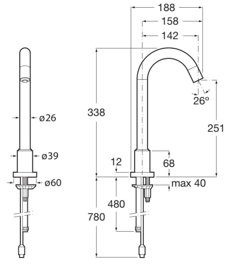 Medidas del grifo electrónico de caño alto para lavabo con sensor LOFT - ROCA