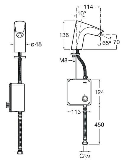 Medidas del grifo electrónico para lavabo con sensor a pilas ATLAS - ROCA