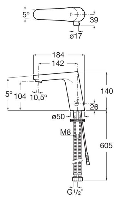 Medidas del grifo electrónico para lavabo a pilas L30-E - ROCA