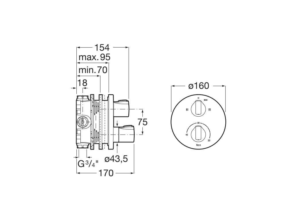 Medidas del grifo termostático empotrable para baño-ducha T-1000 - ROCA