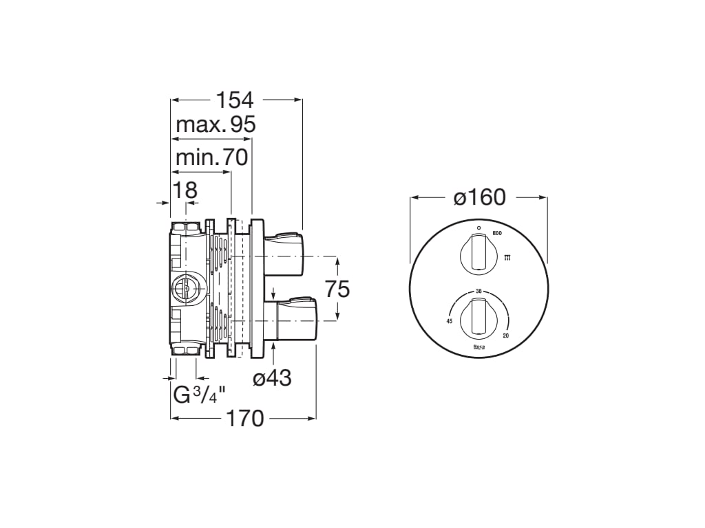 Medidas del grifo termostático empotrable para baño T-1000 - ROCA