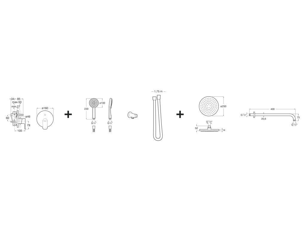 Medidas del pack Basic empotrado monomando para baño-ducha CALA - ROCA