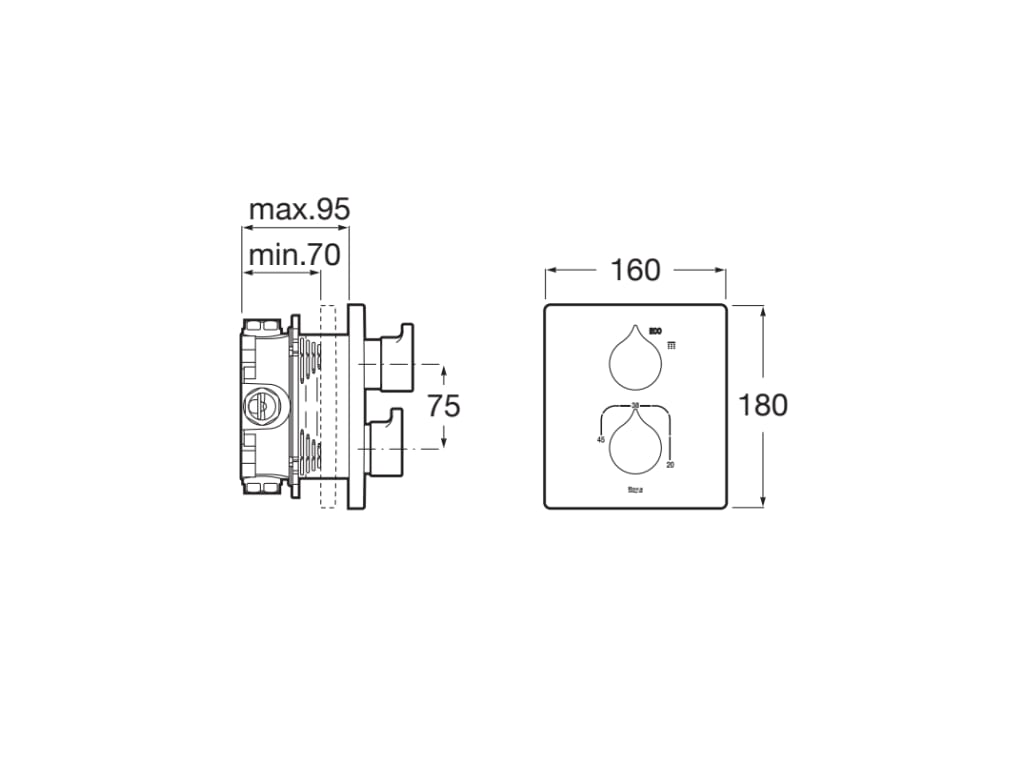 Medidas del grifo empotrable termostático para ducha INSIGNIA - ROCA