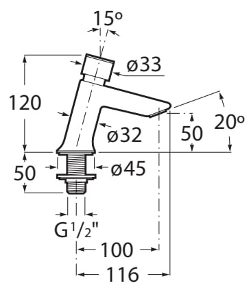 Medidas del grifo temporizado para lavabo con pulsador y limitador INSTANT - ROCA