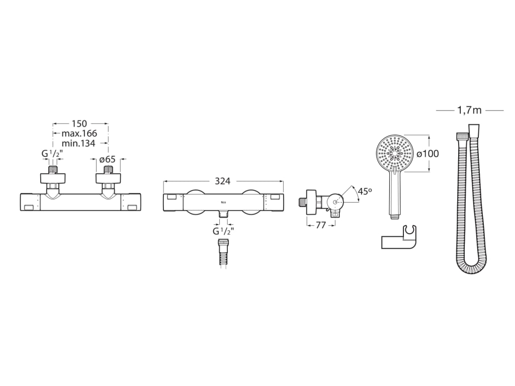 Medidas del pack de grifo termostático exterior para ducha + set de ducha 100/3 T-500 - ROCA