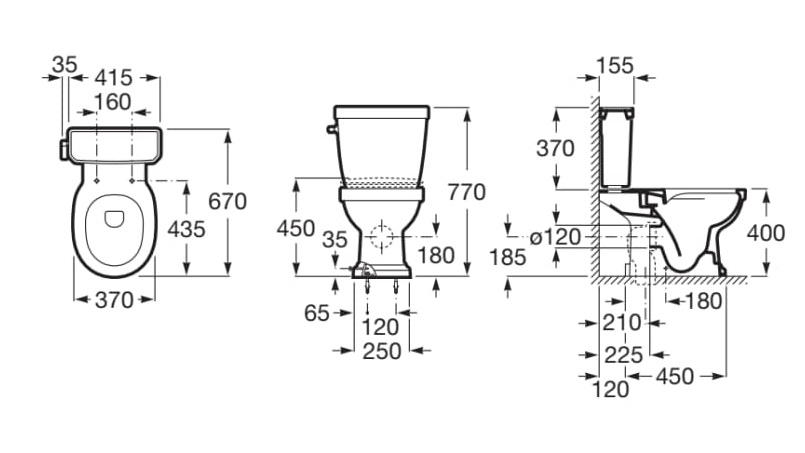 Medidas de la taza Rimless con salida dual para inodoro de tanque bajo CARMEN - ROCA