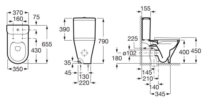 Medidas de la taza Rimless con salida dual para inodoro de tanque bajo ROUND THE GAP - ROCA