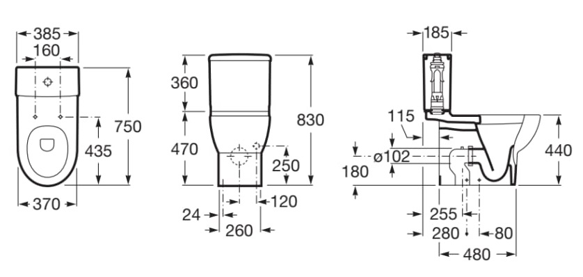 Medidas de la taza con salida dual para inodoro de tanque bajo para movilidad reducida CONFORT MERIDIAN - ROCA