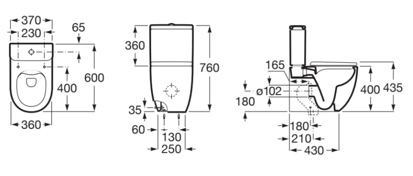 Medidas de la taza compacta con salida dual para inodoro de tanque bajo Rimless MERIDIAN - ROCA