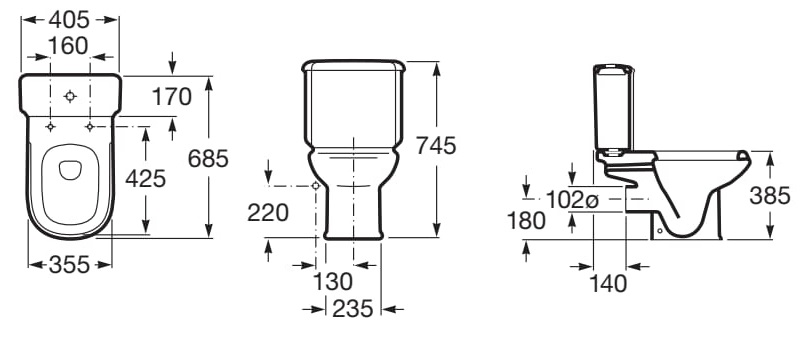 Medidas de la taza de inodoro de tanque bajo con salida horizontal DAMA RETRO - ROCA