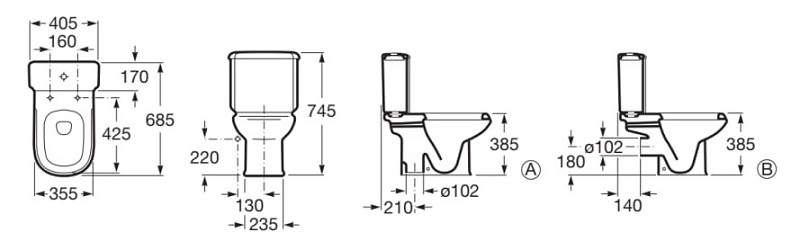 MEdidas de la taza de inodoro de tanque bajo con salida vertical DAMA RETRO - ROCA