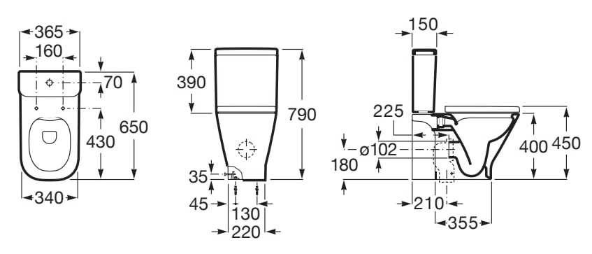 Medidas de la taza Rimless con salida dual para inodoro de tanque bajo THE GAP - ROCA