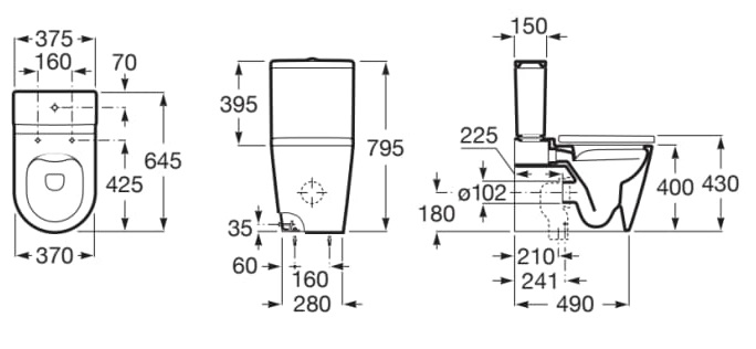 Medidas de la taza Rimless con salida dual para inodoro de tanque bajo ROUND INSPIRA - ROCA