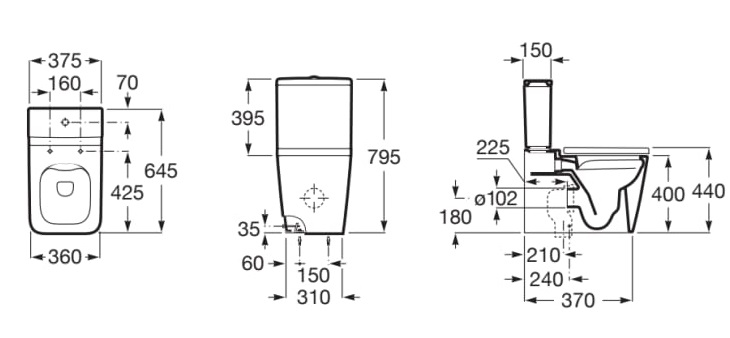 Medidas de la taza Rimless con salida dual para inodoro de tanque bajo SQUARE INSPIRA - ROCA