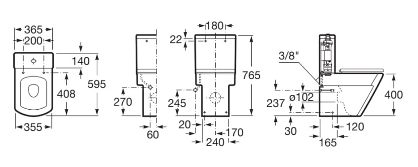 Medidas de la taza de inodoro compacto adosado a pared con salida dual HALL - ROCA
