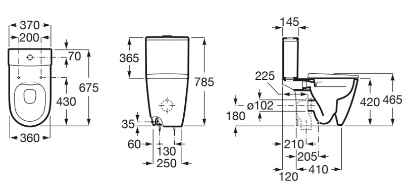 Medidas de la taza Rimless con salida dual para inodoro de tanque bajo ONA - ROCA