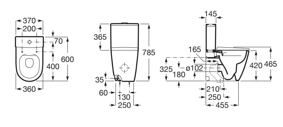 Medidas de la taza Rimless compacta adosada a pared para inodoro de tanque bajo ONA - ROCA