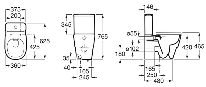 Medidas de la taza Rimless® adosada a pared con salida dual TURA - ROCA