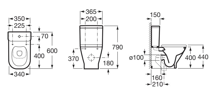 Medidas de la taza compacta Rimless con salida dual para inodoro de tanque bajo SQUARE THE GAP - ROCA