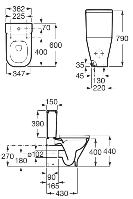 Medidas de la taza Rimless® adosada a pared compacta con salida dual THE GAP - ROCA