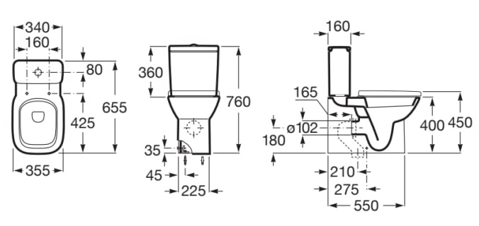 Medidas de la taza con salida dual para inodoro de tanque bajo DEBBA - ROCA