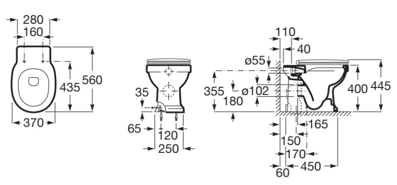 Medidas de la taza Rimless con salida dual para inodoro de tanque alto, empotrable o fluxor CARMEN - ROCA
