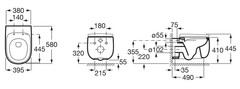 Medidas de la taza suspendida Rimless con salida horizontal BEYOND - ROCA